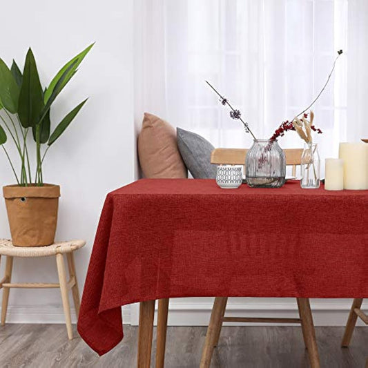 Deconovo Faux Linen Table Cloth Water Resistant Rectangle Christmas Tablecloth 51x63in(130x160cm) Red