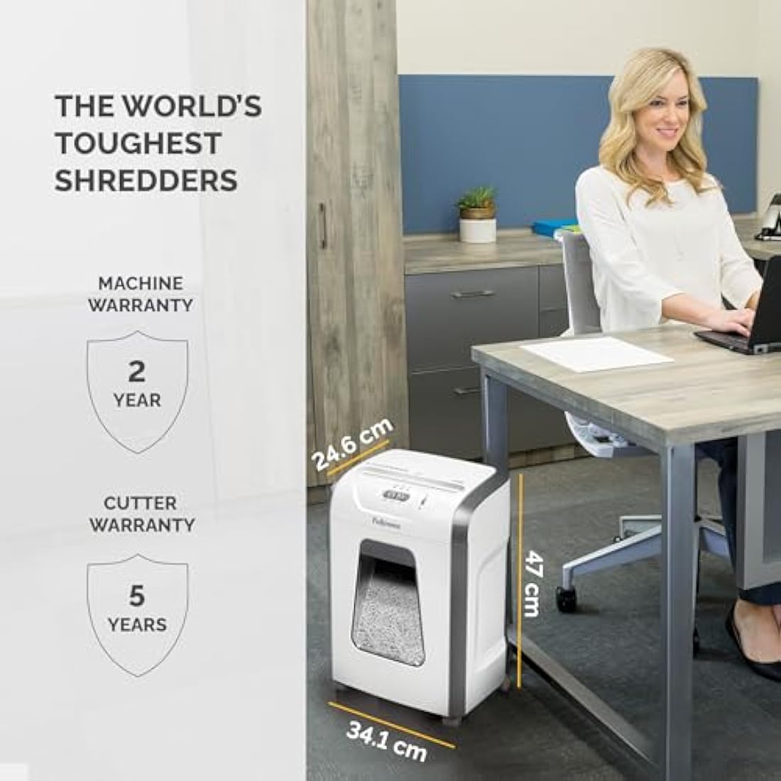 Fellowes Paper Shredder for Home Office Use - 15 Sheet Cross Cut Paper Shredder for Deskside Use - Powershred 15C Home Shredder with 19L Pull-Out Bin - High Security P4 - White