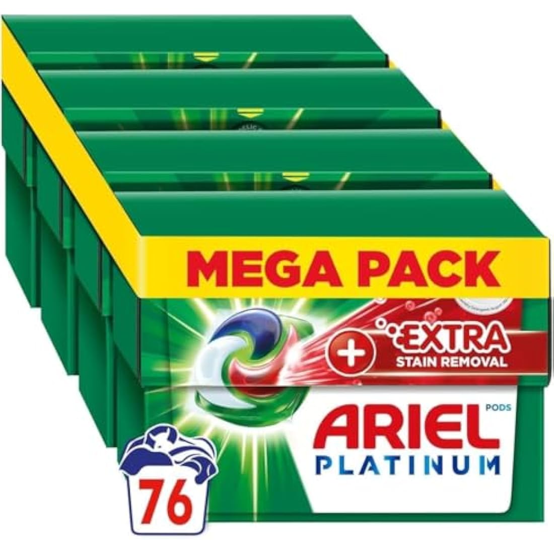 Ariel Platinum PODS®, Washing Liquid Laundry Detergent Capsules 76 (4x19) Washes, +Extra Stain Removal, Even Remove 7-Day Dried-In Stains