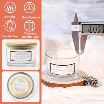 CONNOO 15 Pack 4 OZ Clear Glass Candle Jars with Airtight Bamboo Lids, Bulk Small Wide Mouth Empty Candle Containers with Sticky Warning Labels - Dishwasher Safe