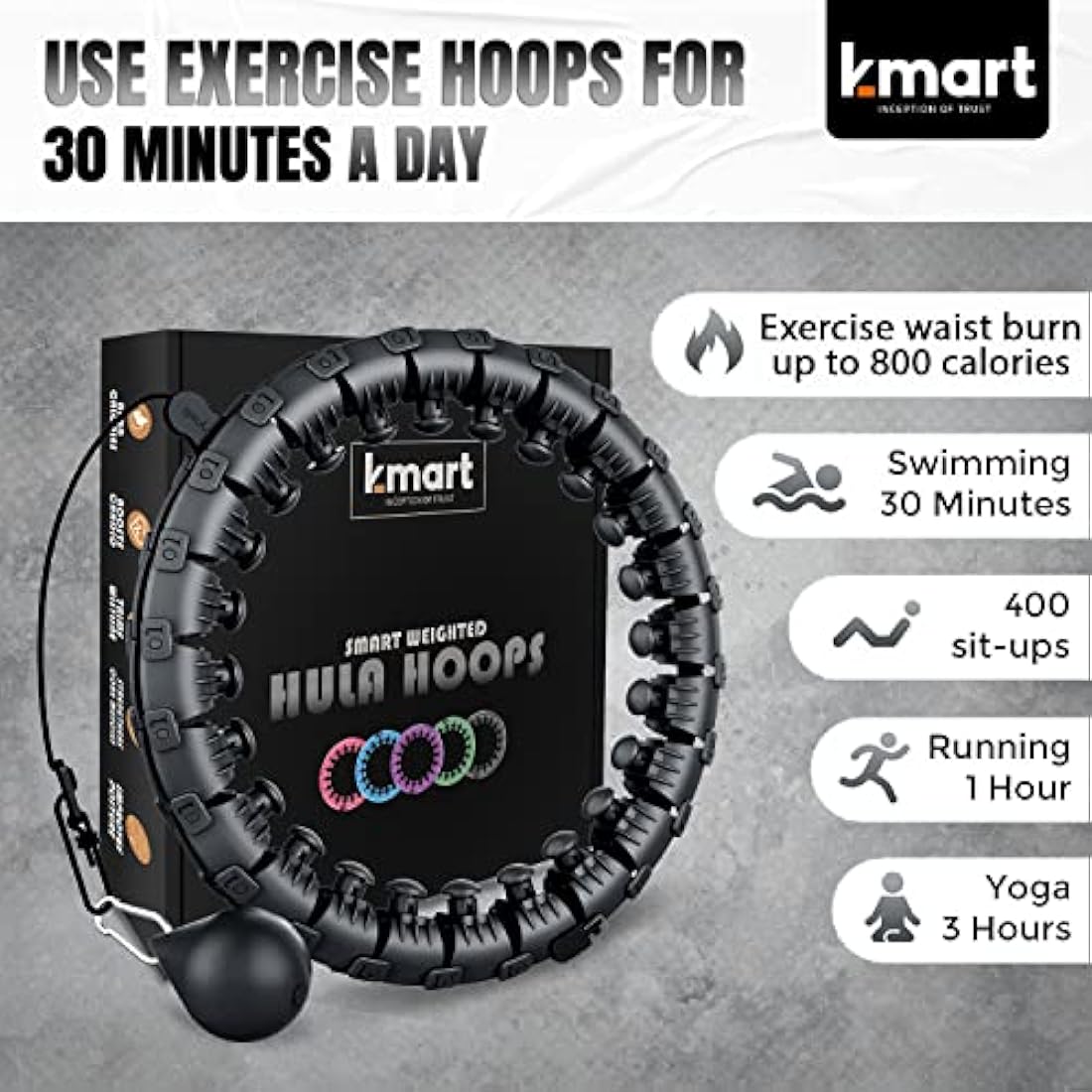 K-MART Smart Hula Ring Hoops, Weighted Hula Circle 24 Detachable Fitness Ring with 360 Degree Auto-Spinning Ball Gymnastics, Massage, Adult Fitness for Weight Loss