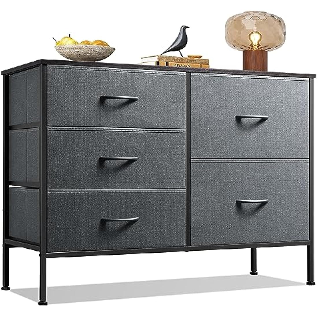 WLIVE Chest of Drawers, 5 Fabric Drawers Cabinet with Easy Pull Handle, Wood Top and Sturdy Steel Frame, Fabric Drawers Storage Unit for Bedroom, Living Room, Black Walnut