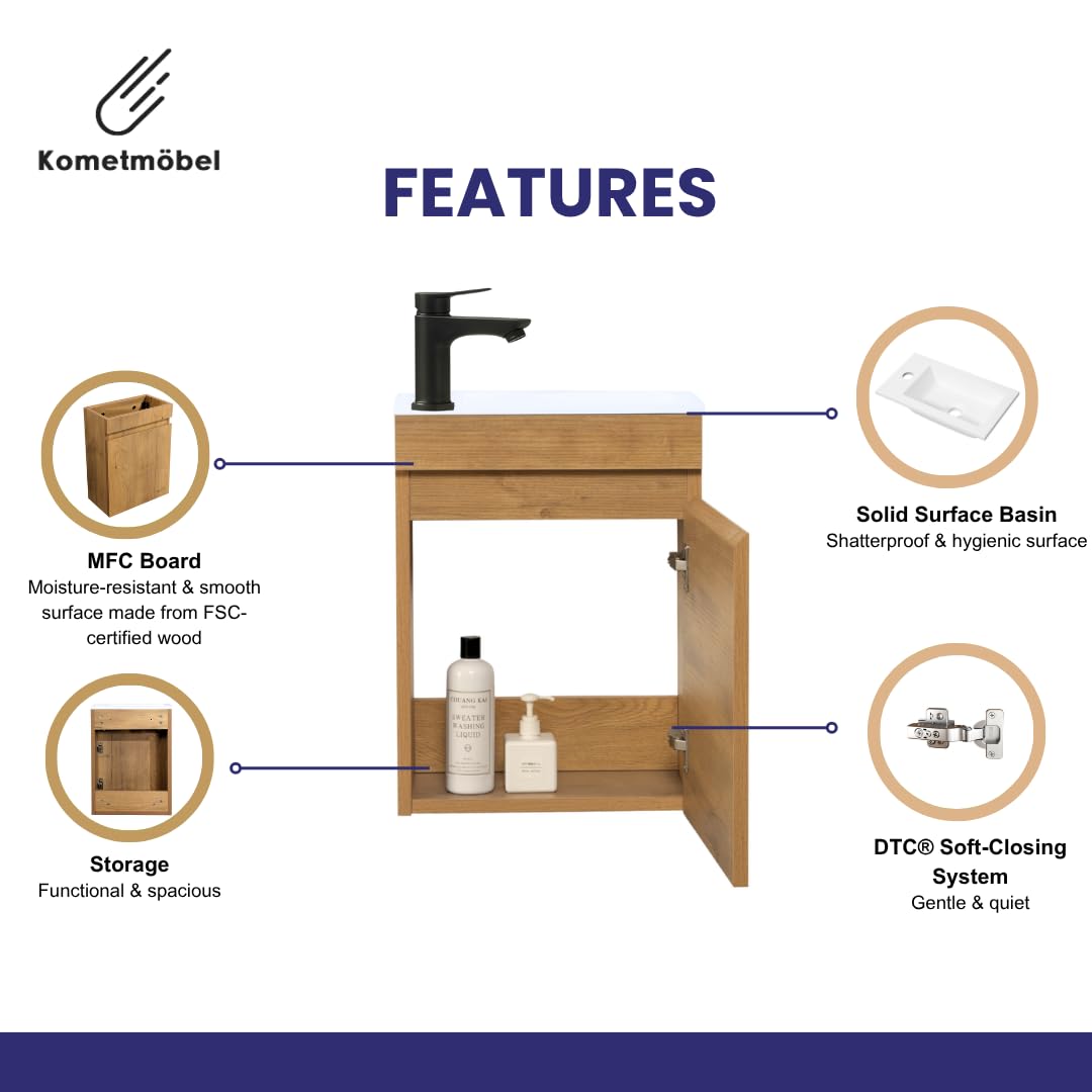 Kometmöbel Cloakroom Vanity Unit With Wash Basin Bathroom Vanity 40cm Wall Hung (Oak 40cm, With Mirror)