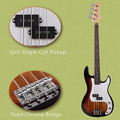 Bonnlo Electric Bass Guitar 4 Strings Full Size for Beginner Exquisite Basswood Burning Bass with Bag, Strap and Accessories (Sunset)