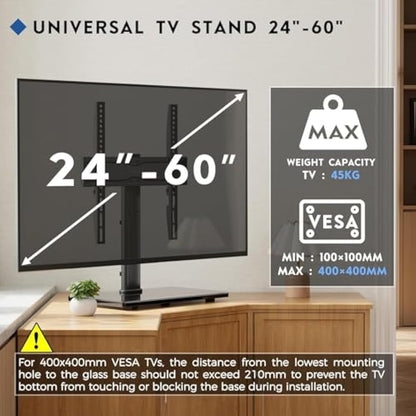 BONTEC Universal TV Stand for 24–60 Inch LCD LED OLED Plasma TVs, Height Adjustable Table Top Pedestal with Bracket, 8mm Tempered Glass Base, 45kg Load, Max VESA 400x400mm, Cable Management