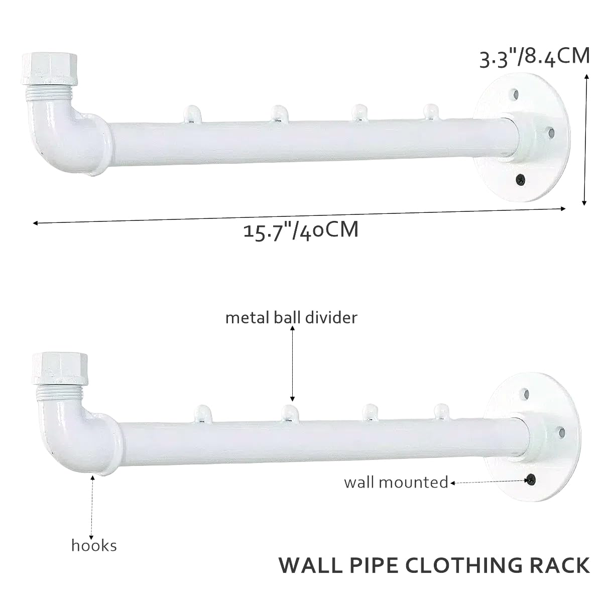 Industrial Wall Pipe Clothing Racks - Heavy Duty Metal Clothes Hanger with Hook, Wall-Mounted Garment Holder Racks,Wall Clothing Bar/Coat Hanging