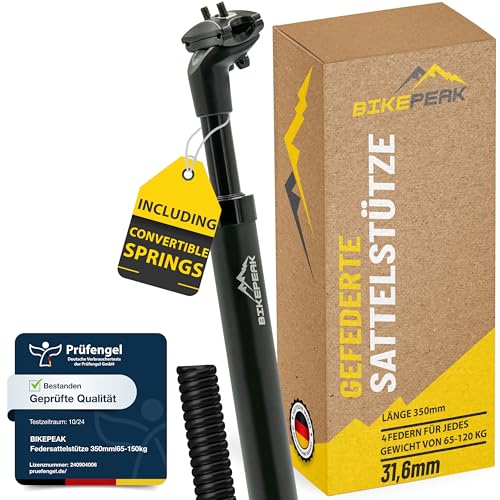 BikePeak Seat Post Suspension in Black Including 4 changeable Springs 27.2/30.9/31.6 mm | 350 mm Long Adjustable Shock Absorber Seatpost (Length 350