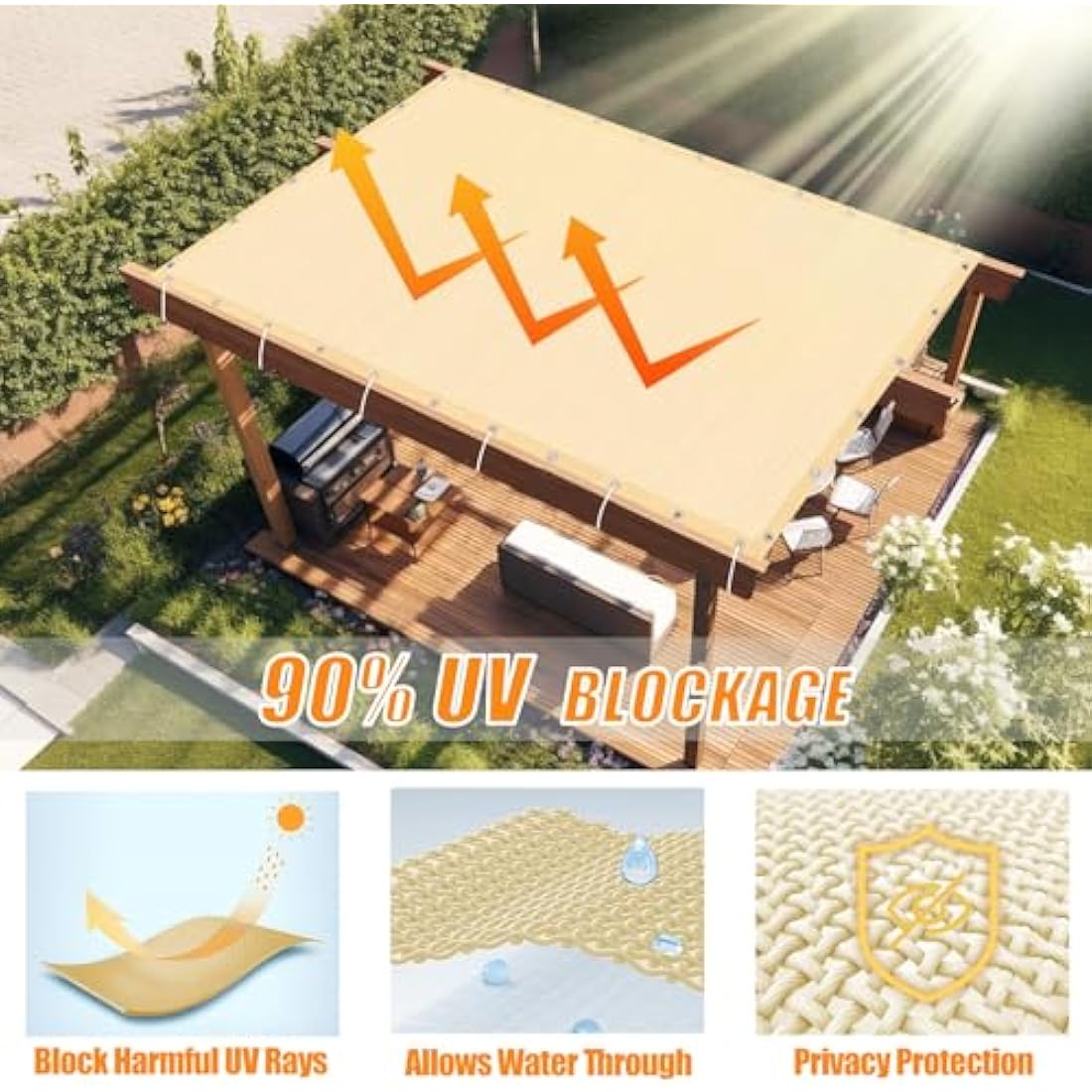 KANAGAWA 90% Sun Shade Cloth 12'X 20' Outdoor Pergola Shade Cover Canopy with Grommets UV Block Privacy Screen for Patio, Backyards, Outdoor, Carport, Garden, Wheat