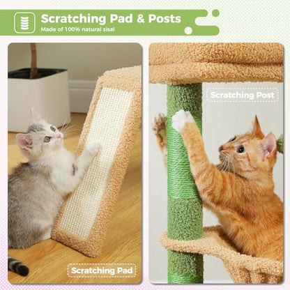 PAWZ Road Cactus Cat Tree for Indoor Cats with Large Condo, 1 Sisal Board, 3 Scratching Posts, Cat Scratching Tower with Large Hammock&Perch 90cm