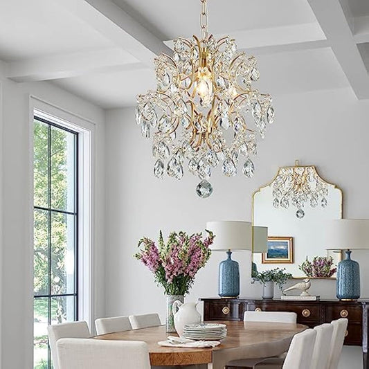 BESTIER Gold Modern Pendant Chandelier Crystal Raindrop Lighting Ceiling Light Fixture Lamp for Dining Room Bathroom Bedroom Livingroom 1 E27 Bulbs Required D32cm x H40cm