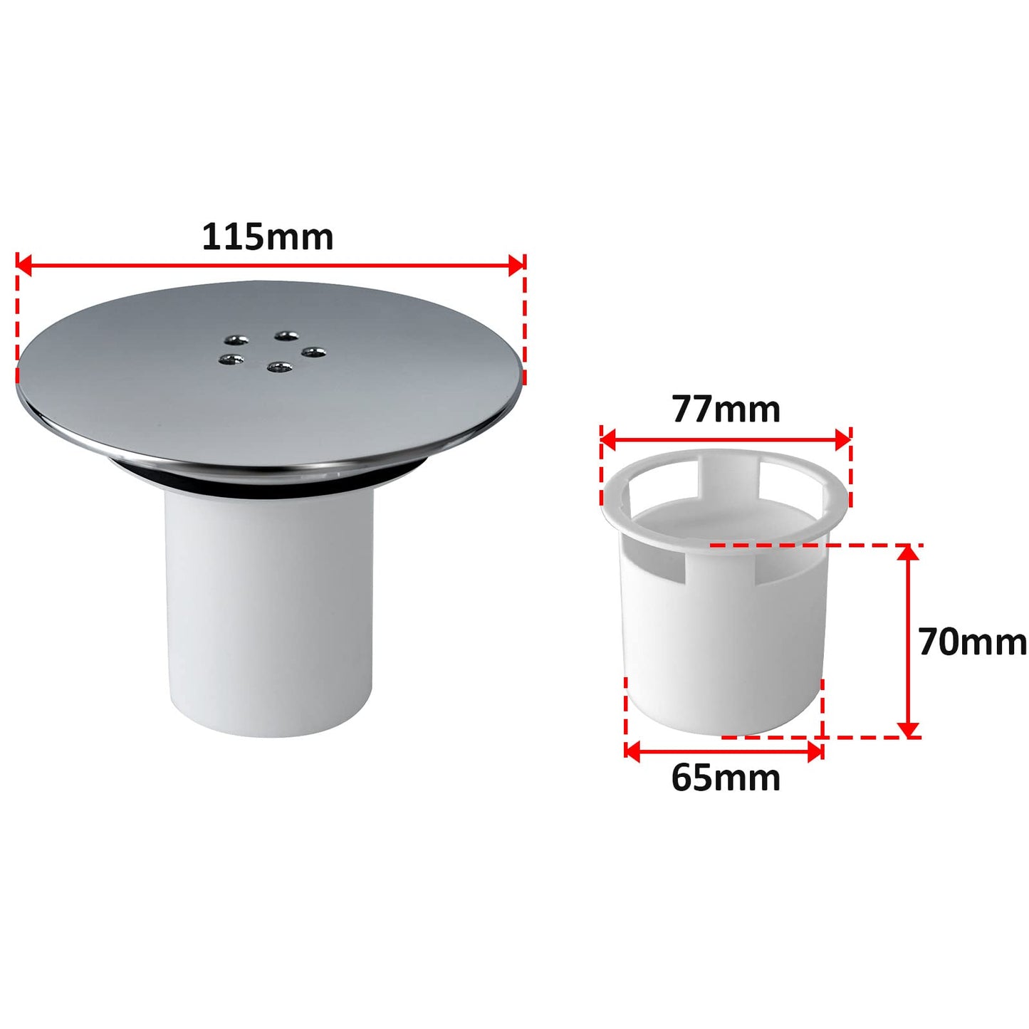 Shower Drain Cover, Chrome Trap Replacement, 90mm/115mm Plughole, Removable Top Waste Fitting Cap Parts, Tray Plug Hole Fast Flow