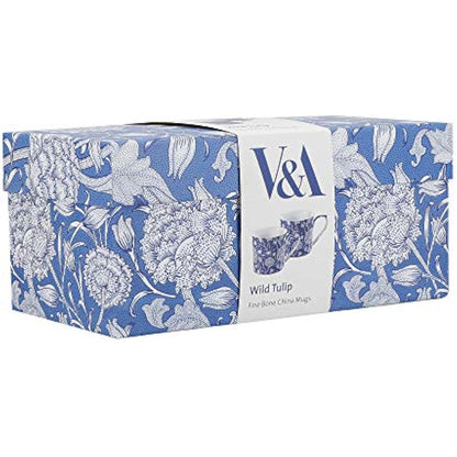V&A Coffee and Tea Mugs, Porcelain Bone China Mug, William Morris Wild Tulip Design, 300ml, Set of 2, Gift Boxed
