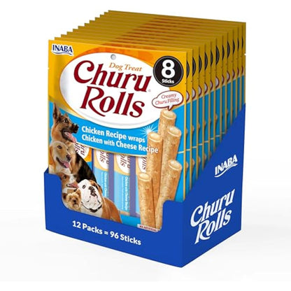 Churu Rolls by INABA Dog Treat - Chicken Flavour 8 Pack (64 x 12g total) / Crispy Sticks with Creamy Filling Dog Treat, Delicious & Healthy Snack, Hand Feeding, Training Snack, Natural, Grain Free