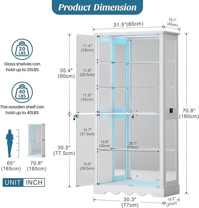 FREDEES Glass Display Cabinet with Lock and RGB Lights, 5-Tier, White