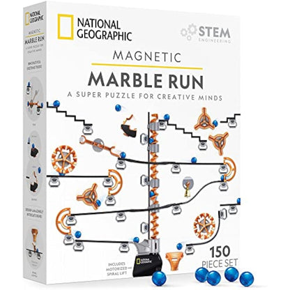NATIONAL GEOGRAPHIC Magnetic Marble Run - 150-Piece STEM Building Set for Kids & Adults with Magnetic Track & Trick Pieces & Marbles for Building A Marble Maze On Any Magnetic Surface