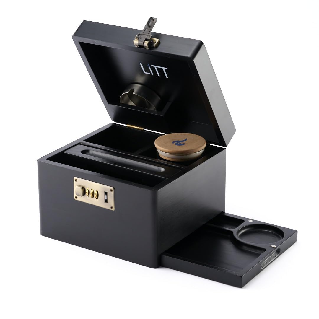 LITT - Premium Wooden Combination Lock Storage Stash Box Set with Glass Jar, Hidden Tray, and Storage Box Black