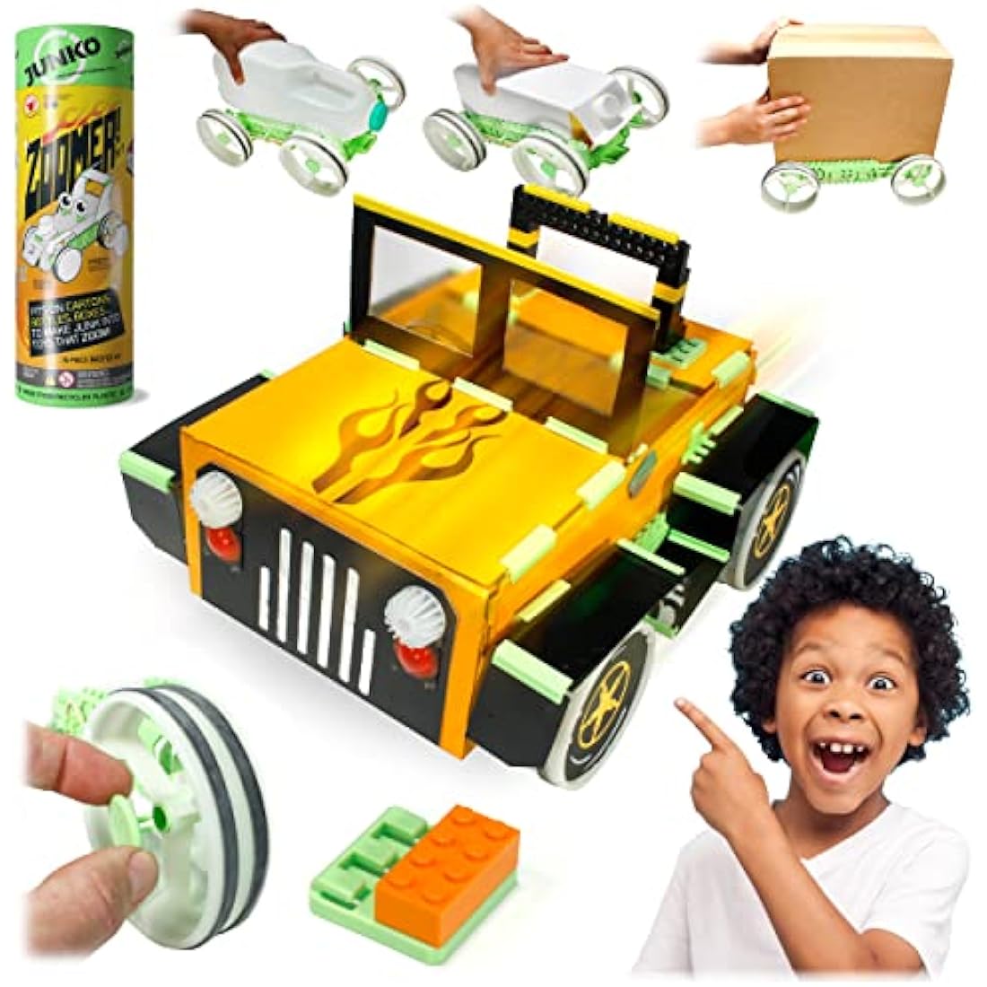 JUNKO Zoomer Toy Car Kit - Transform boxes, bottles, juice cartons... into Toy Cars. Made from Recycled Plastic. Endlessly Reusable Art, Craft & Build Kit. Lego® compatible.