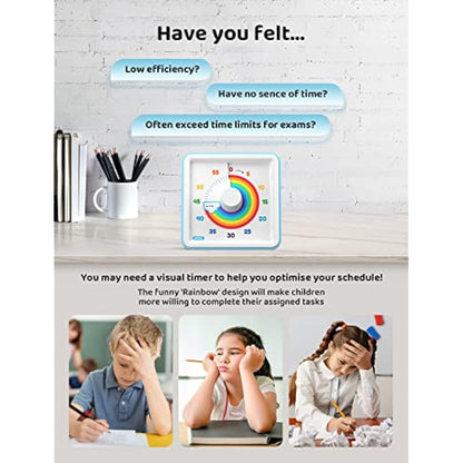 LIORQUE Visual Timer for Kids, 60 Minute Visual Countdown Timer for Classroom Teaching Cooking, Kids Time Management Tools with Silent Operation & Rainbow Pattern Design