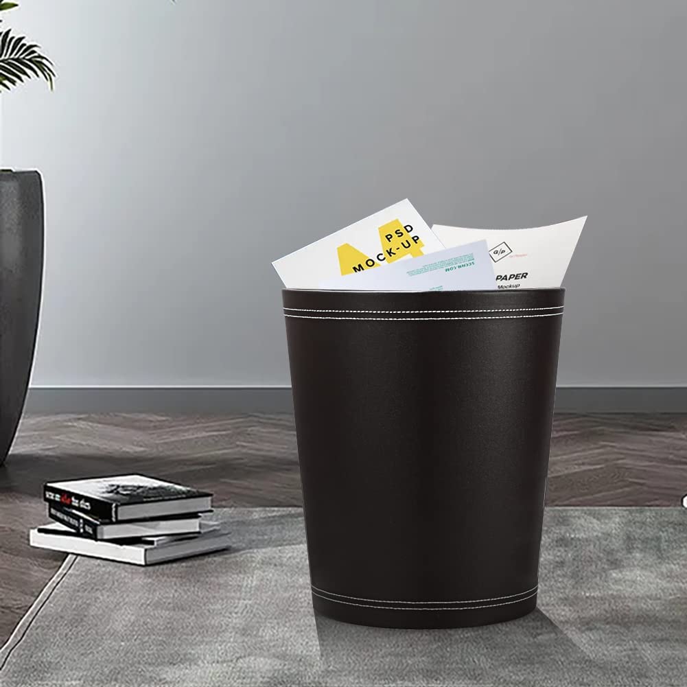 KINGFOM™ Classic Leather Waste Bin, Creative Waste Paper Basket, Storage Bin for Office, Home and High Class Hotel Black