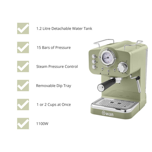 Swan SK22110GN Retro Espresso Coffee Machine with Milk Frother, Steam Pressure Control, 1.2L Detachable Water Tank, 1100W, Retro Green