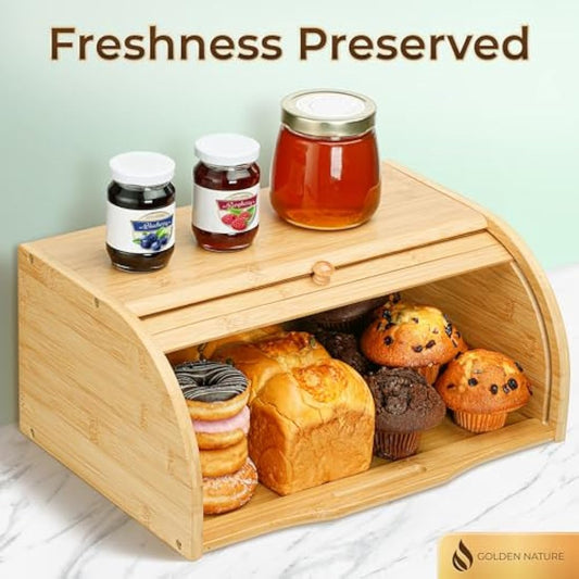 Golden Nature Bamboo Bread Box for Kitchen Countertop - Large Wooden Food Keeper w/Rolling Lid - Vintage Storage Bin for Bagels, Muffins, Cupcakes & Cookies