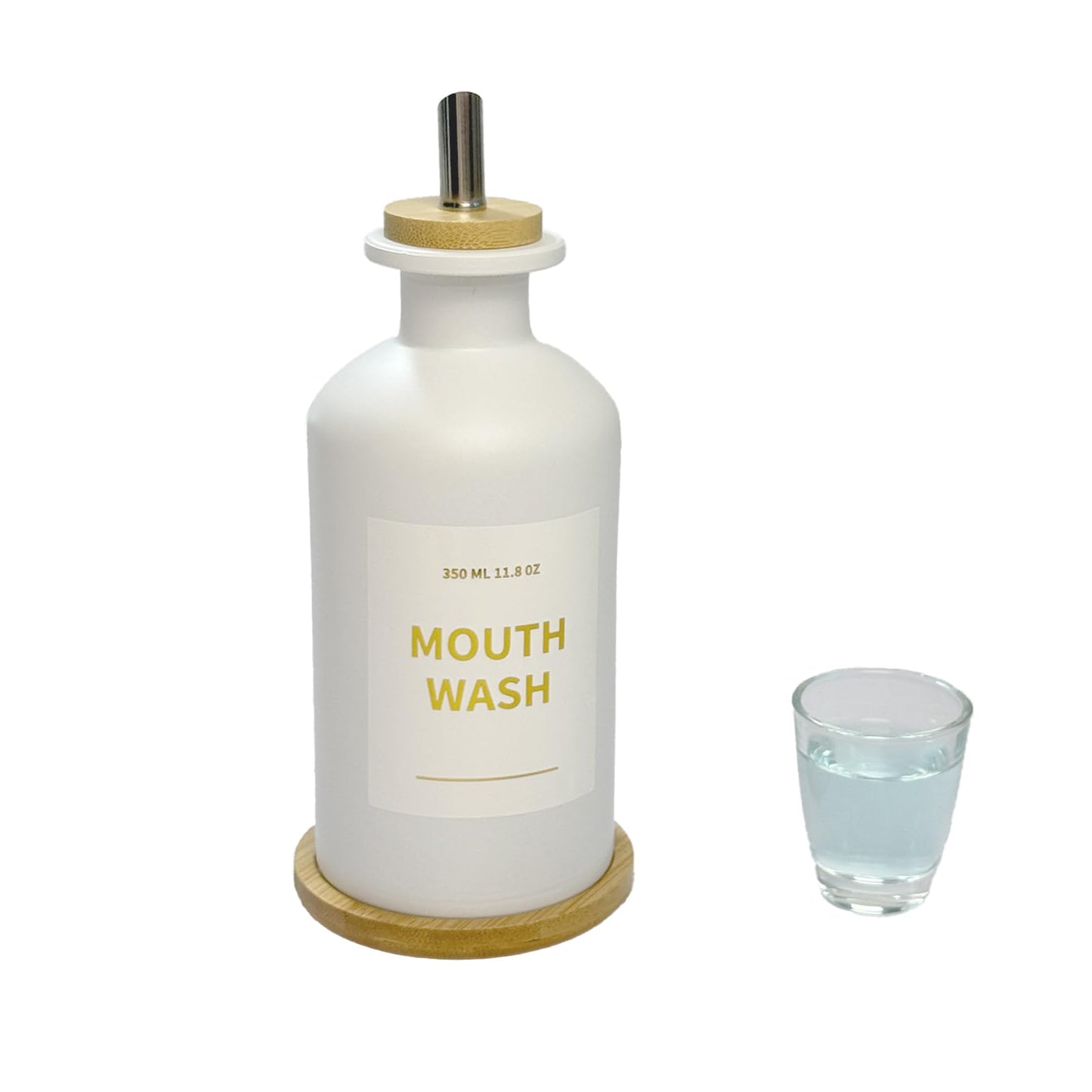Yumzxin 11.8OZ Glass Mouthwash Bottle with Bamboo Tray & Stainless Steel Nozzle, Refillable Bathroom Organizer, Essential Oil Dispenser