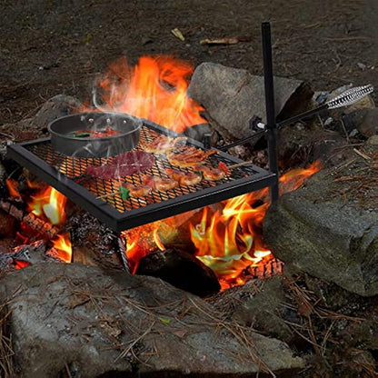 REDCAMP Swivel Campfire Grill Heavy Duty Steel Grate, Over Fire Camp Grill with Carrying Bag for Outdoor Open Flame Cooking (Black)
