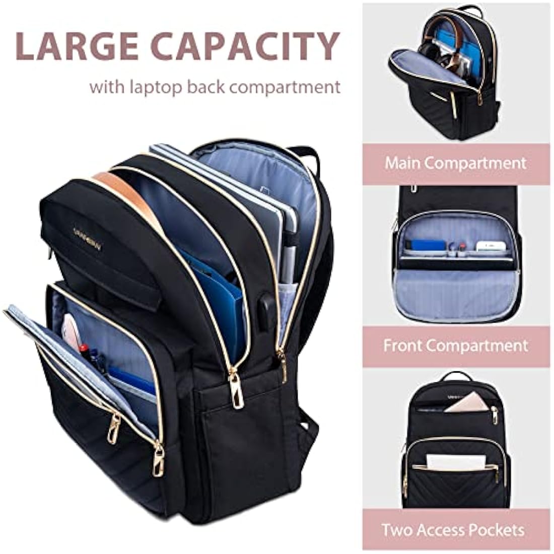 VANKEAN 15.6 Inch Laptop Backpack for Women Men Work Laptop Bag Fashion with USB Port, Waterproof Purse Backpacks Teacher Nurse Stylish Travel Bags Casual Daypacks for College, Business, Black