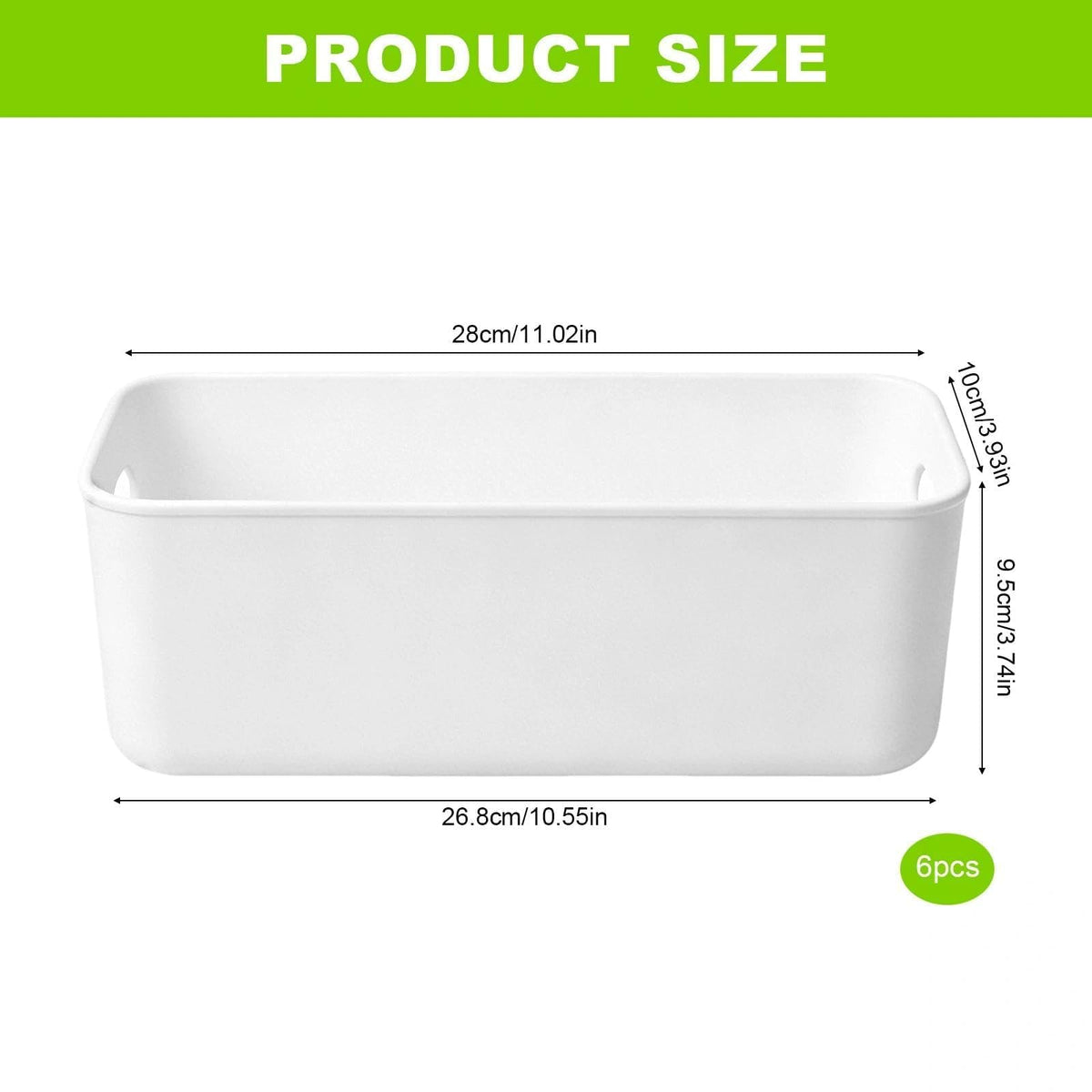 6 Pcs White Plastic Storage Baskets with Handles, 26.8×8.8×9.5cm White Rectangle Storage Boxes for Shelves and Drawersnarrow