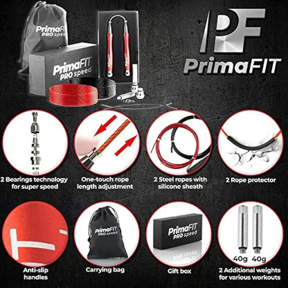 PrimaFIT Pro Speed Skipping Rope Adult Fitness for Men Women Weighted Jump Rope 3m Adjustable Self-Locking Aluminium Boxing Gym MMA Crossfit Workout Spare Cable Weights Protectors Carry Bag