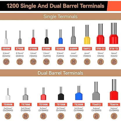 Preciva Bootlace Crimping Tool Kit, 0.08-16mm²/AWG28-5 Ferrule Crimp Toolkit with 1200pcs Connectors(300 Dual Wire Terminals), Self-Adjsutable Ratchet Crimper ToolKits