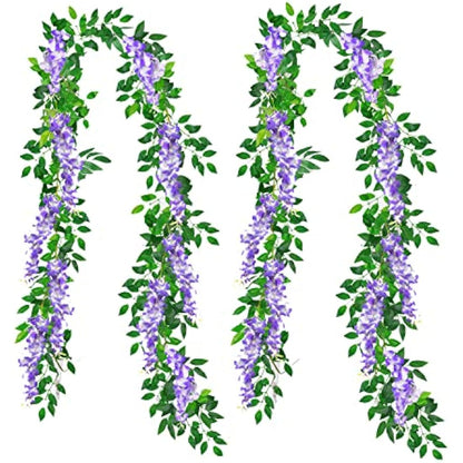 MOTONG Artificial Flowers Decoration, 2 Pcs (2M/7FT/Piecs) Fake Flowers Artificial Wisteria Vines, Artificial Vine Garland Plants Arts For Ceremony Home Garden Wedding Party Decoration(Purple)