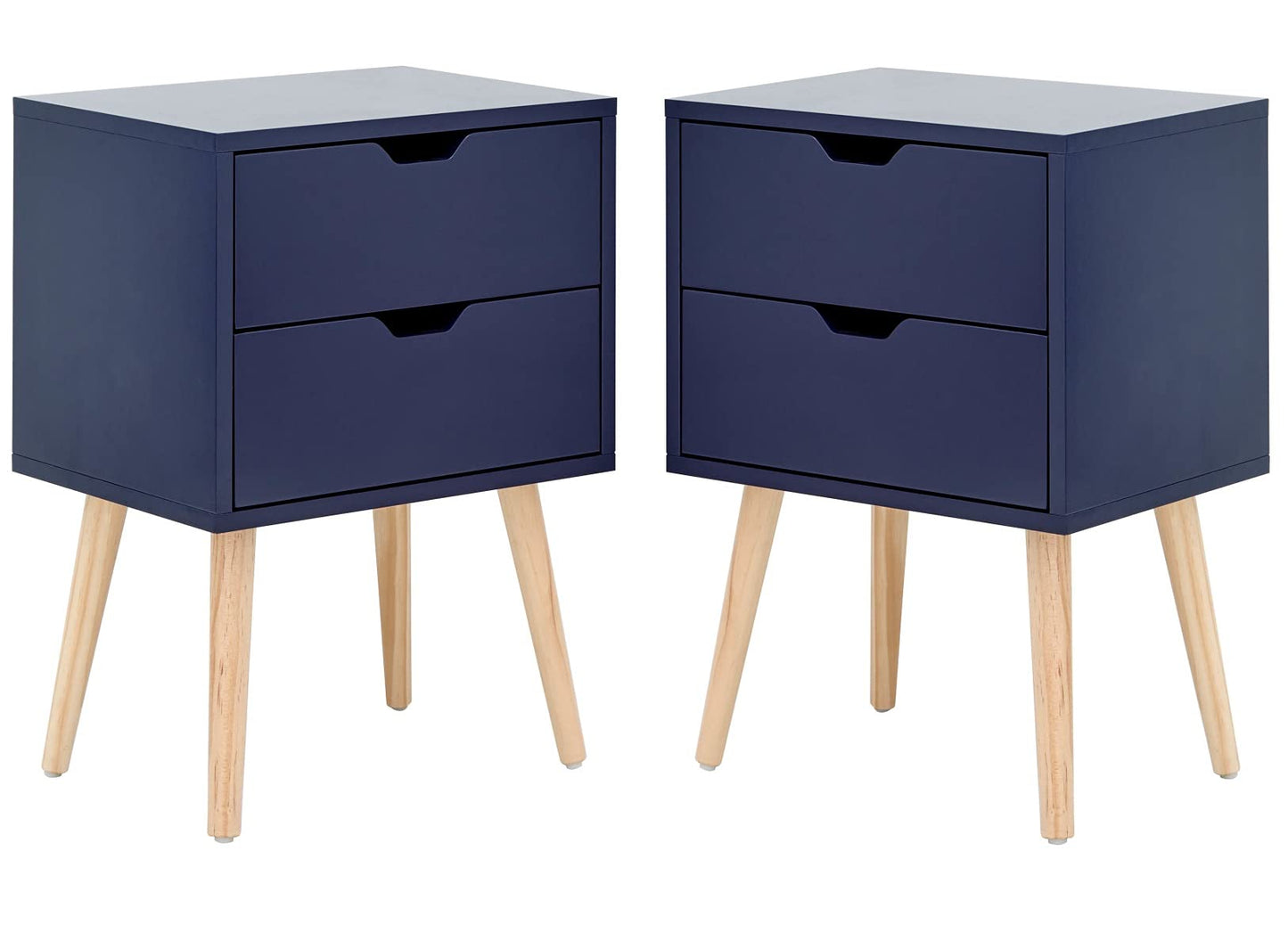 GFW Nyborg Set of 2 Bedside Cabinets, Nightshadow Blue 2 Drawer Scandi Nightstands with Wooden Legs and Cut-Out Handles