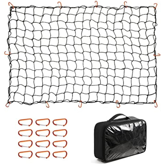 CZC AUTO Bungee Cargo Net 122x183cm Truck Bed Net Stretches to 244x366cm for Pickup Trailer RV SUV Boat | 10cm x 10cm Mesh Net Hold Small and Large |12 Tangle Free Carabiners | Super Duty