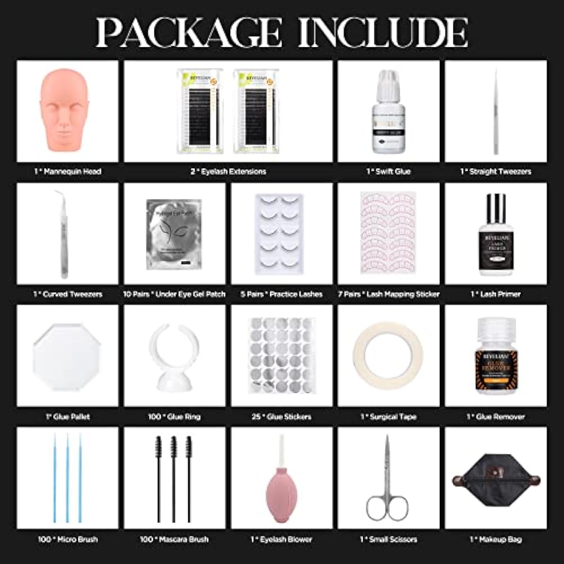 BEYELIAN Eyelash Extension Kit, with Mannequin Head Lash Practice Exercise Set, Professional Flat Mannequin Head False Eyelash Grafting Training Tool Kit for Eye Lashes Graft