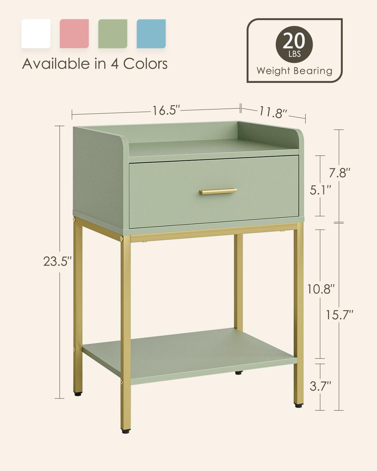 HEYZOEY Bedside Table, 3-tier Modern Bedside Table with Storage Drawer and Shelf, Small Side Table for Bedroom, Living Room, Green