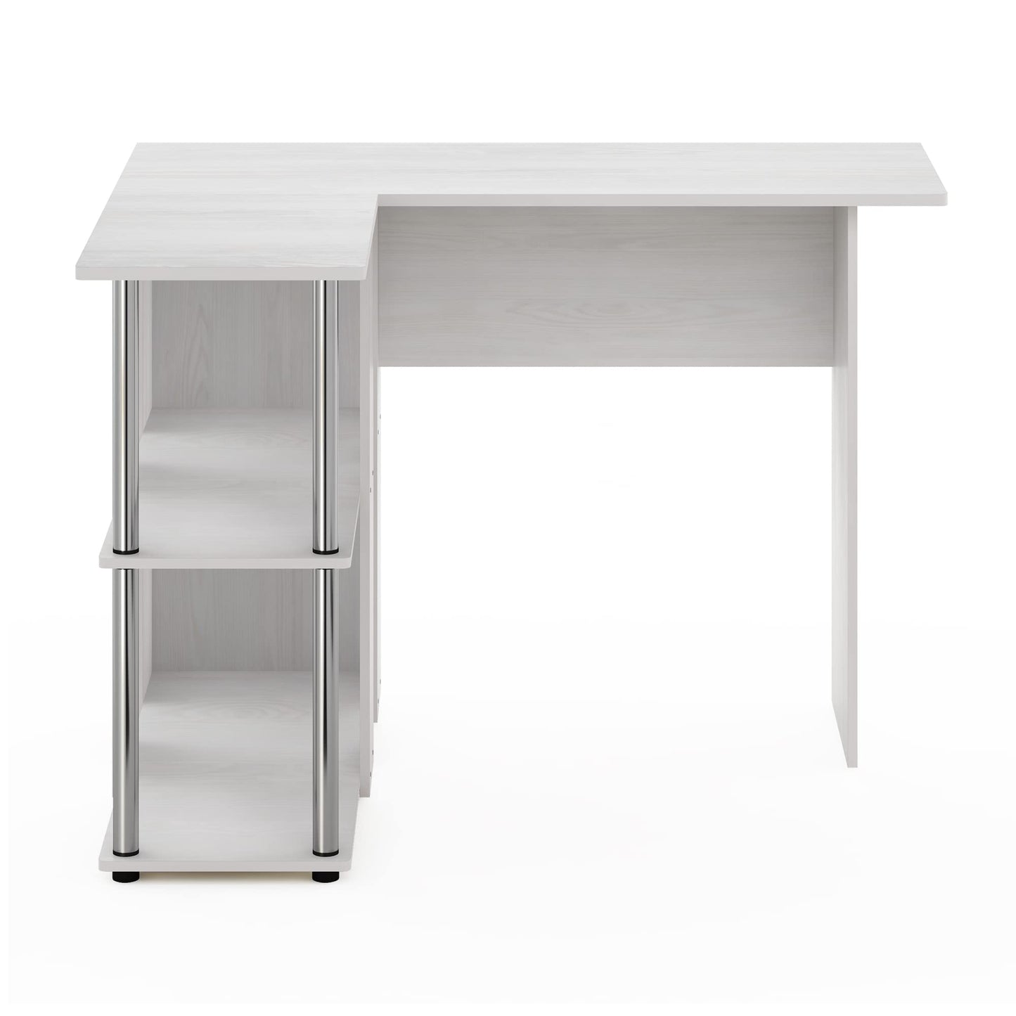 Furinno L-Shape Desk with Bookshelf, Engineered Wood, White Oak/Chrome, 104.5 (W) x 73.51 (H) x 87.5 (D) cm