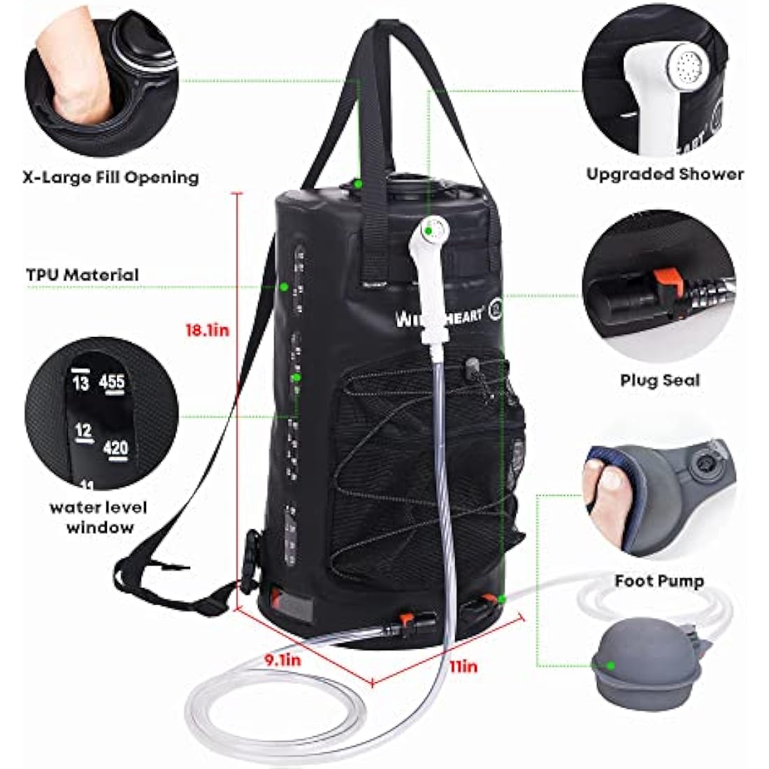 WILD HEART Camping Shower, 5.8 Gallons/22L Portable Camp Shower Bag with Upgraded Screw Lid, Water Level Window, Pressure Foot Pump, and Handy Nozzle, Solar Shower for Beach Camping Hiking Trip