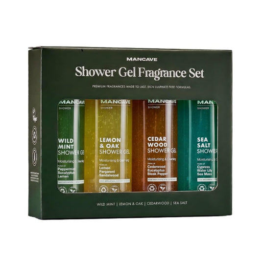 Mancave Men's Ultra-Premium Shower Gel Fragrance Gift Set, 4 x 500ml Natural Sulphate Free Shower Gels: Wild Mint, Lemon & Oak, Cedarwood and Sea Salt