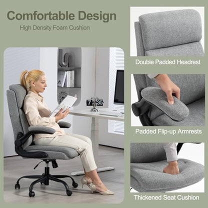 CASTLOVE Ergonomic Office Chair for Home - Computer Desk Chair with Back Support - Flip Up Armrest - High Back - Height Adjustable - Rocking Function (Fabric Grey Max 150 kg)