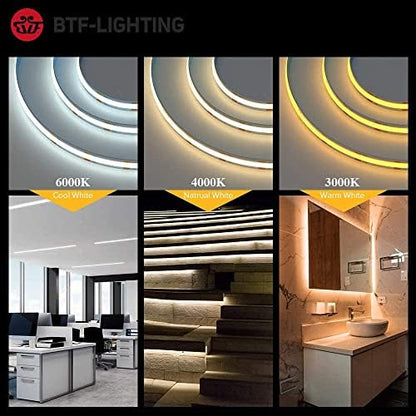 BTF-LIGHTING FCOB COB LED Strip Warm White 3000K Flexible High Density Uniform Light Dimmable LED Strip CRI90+ 10M 528LEDs DC24V 14W/m Bendable FOB LED Ribbon for DIY Indoor Lighting Projects