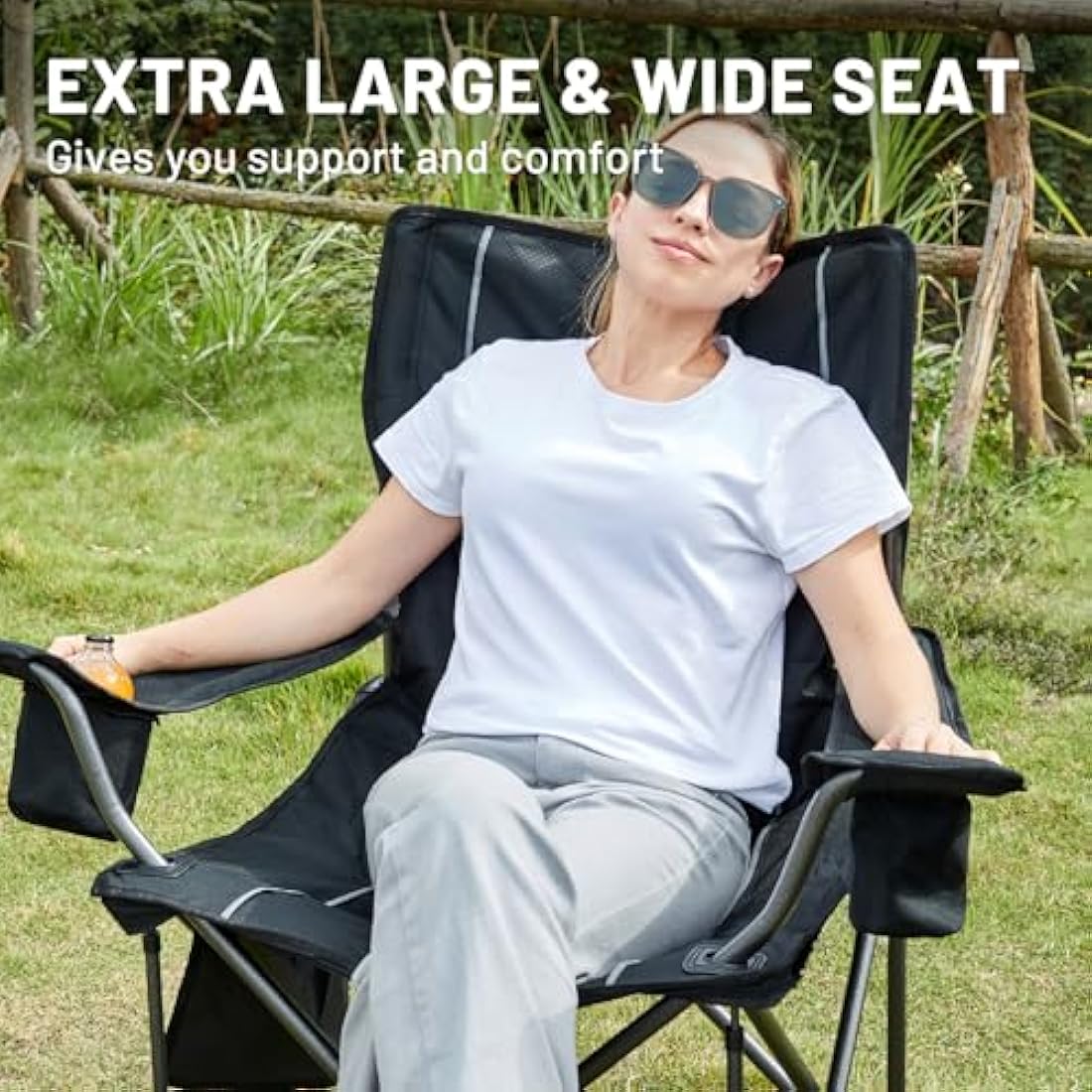 TIMBER RIDGE Camping Chairs for Adults Heavy Duty 200kg Oversized, Padded Folding Chair with Cup Holder and Cooler Bag Comfy for Outdoor Picnic Fishing Garden, Lightweight and Portable (Black- 2PCs)