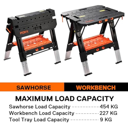 PONY 2-in-1 Folding Workbench, 227 kg Work Bench & 454 kg Saw Horse, 6 Adjustable Height Portable Work Table4 Quick Clamps, 4 Clamp Dogs & Tool Tray, 79 x 89 x 63.5 cm