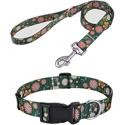 Mihqy Dog Collar and Lead Set with Bohemia Floral Tribal Geometric Patterns - Soft Ethnic Style Collar Adjustable for Small Medium Large Dogs(Dark Green Flower Set,L)