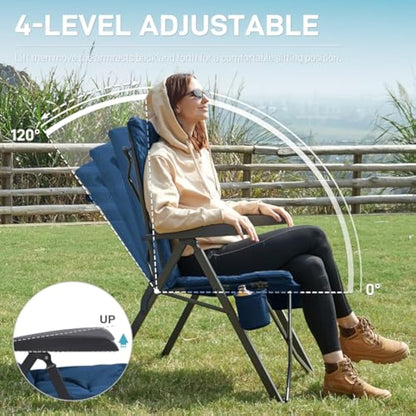 EVER ADVANCED Luxury Camping Chairs 2 Set for Adults Heavy Duty High Back Oversized Folding Garden Chair Comfy Padded 6cm Loadable 150kg Cam Adjustable Dining Chairs 4-Position Recliner Blue