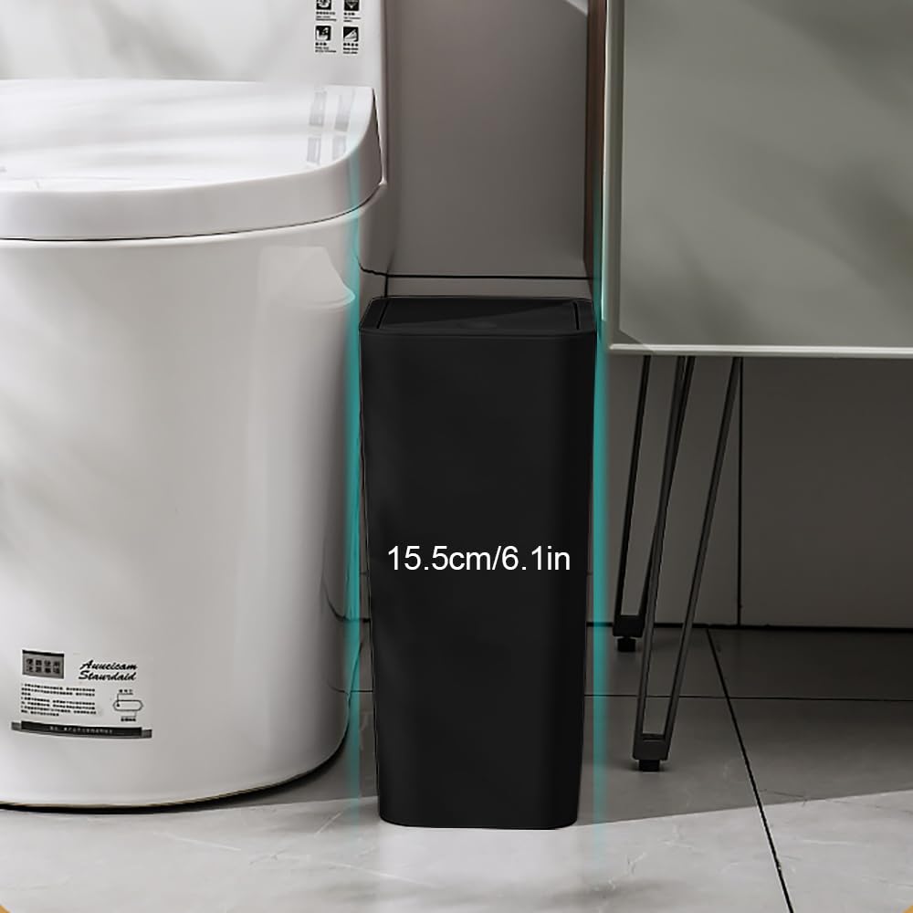 3pcs 9L Touch Top Bathroom Bin - Slim Plastic Trash Can with Lid for Bedroom, Kitchen, Office, Living Room and Toilet - Dog-Proof Narrow Design