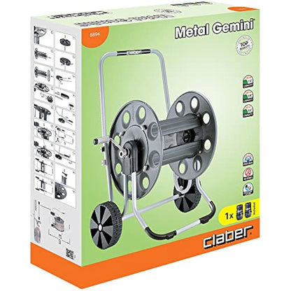 Claber Metal Gemini hose reel with metal frame and drum, ideal for large-sized gardens