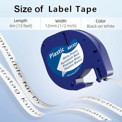 6X MarkField Compatibl with Dymo Letratag Tape 12 mm x 4 m, Black Print on White, Compatibl with Dymo Letratag Refills Labels for LT-100H LT-100T LT-110T QX50 XR 200B Plus