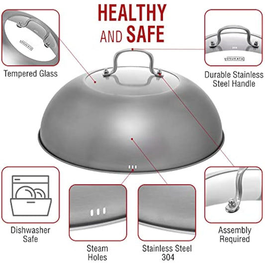 YOSUKATA Wok Lid 32.5 cm for Wok 34 cm - Premium Stainless Pan Cover with Tempered Glass Insert Steam Holes and Ergonomic Handle - Durable Asian Accessories -Dishwasher-Safe Lid
