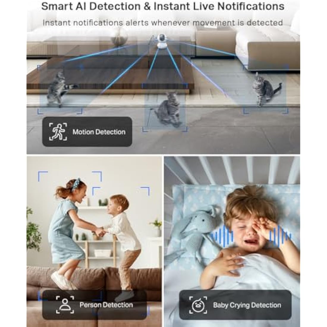 Tapo TC70 Pan/Tilt Indoor Camera House Security Camera, Dog Camera, No Monthly Fee, AI Detection, WiFi Camera, Baby Camera Monitor, 1080p Full HD, 360° View, Night Vision, Works with Alexa & Google